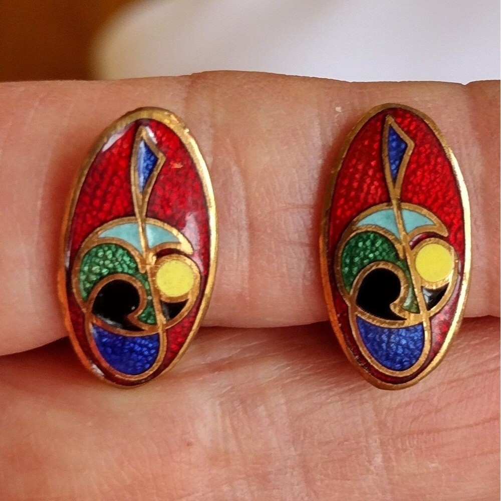Multicolor Abstract Design Oval shape Cloisonne Clip earrings vintage